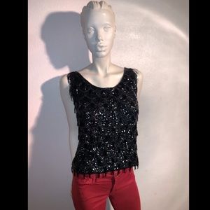 Vtg 1950’s Sweater-Beaded Fringe Black Wool Tank